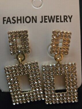 Fashion Jewelry Gold and Silver Rectangular Rhinestone Drop Earrings - Pair